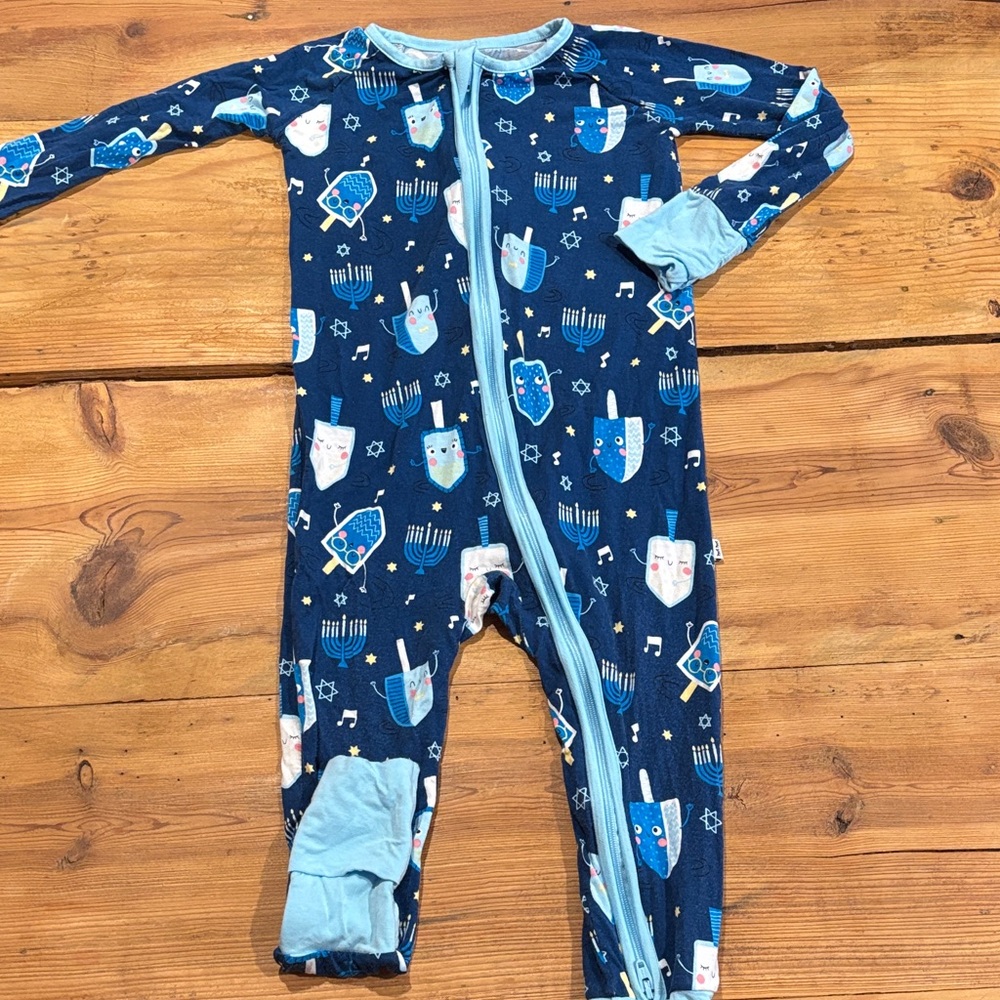 LITTLE SLEEPIES 18-24M Blue Bamboo Dreidel Print Footed Romper Coverall Jewish